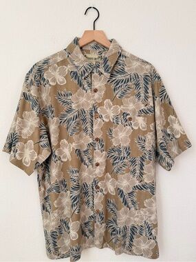 PARADISE COVES Silk Hawaiian Shirt Hibiscus Plumaria Men's XL Aloha Tropical